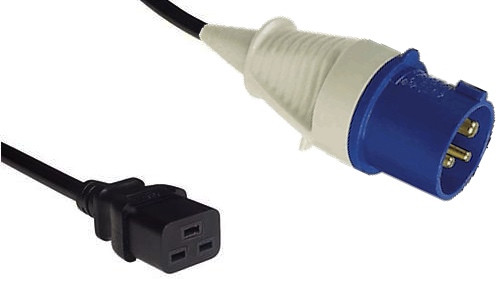 Custom Cable: IEC (60309) 16A [IP44] plug - IEC (60320) C19 16A socket, Black lead