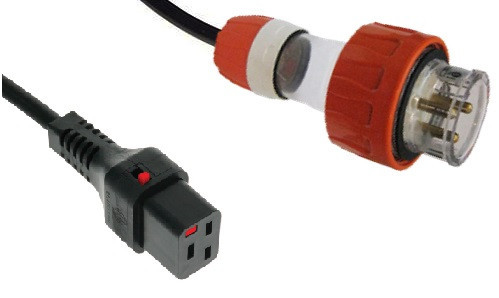 Custom: Captive 20A Round pin plug - IEC-Lock C19 16A socket, Black lead (1.5mm2)